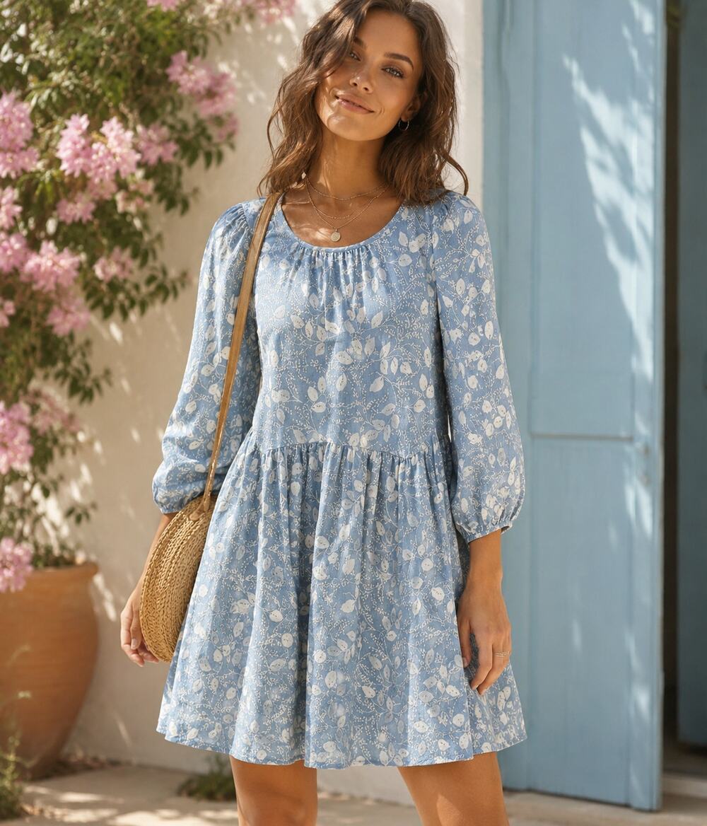 Free People SZ S Paper Hearts Babydoll Mini Dress Blue Floral Linen 1035026